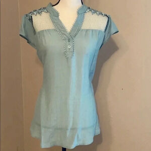 Light Blue Crochet Trim Cap Sleeve Women's Top
